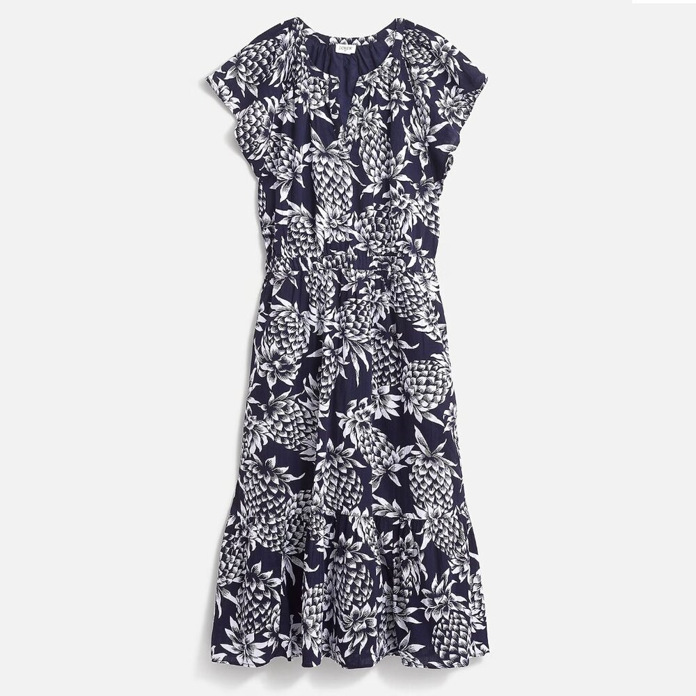 NWOT J.Crew Factory Sleeveless Crinkle Dress in Navy Pineapple Print size 0